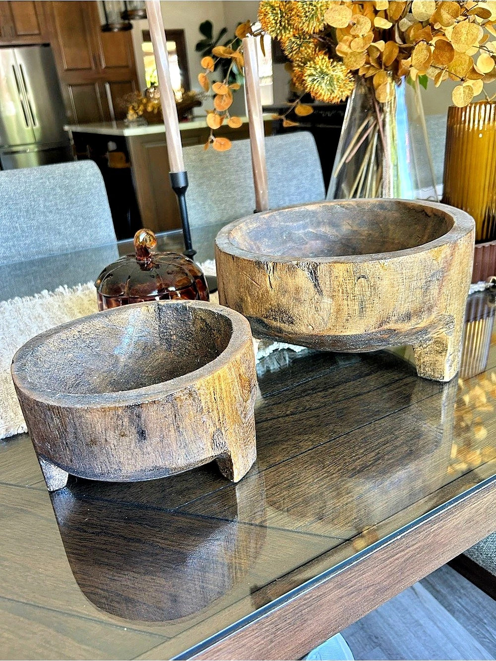 Rustic Carved Wooden Molcajete Style Decorative Bowl Rustic Decorative Bowl Set